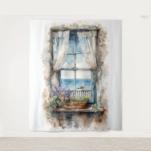 Seaside Window View Watercolor Coastal Scene Tapestry