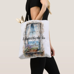 Seaside Window View Watercolor Coastal Scene Tote Bag