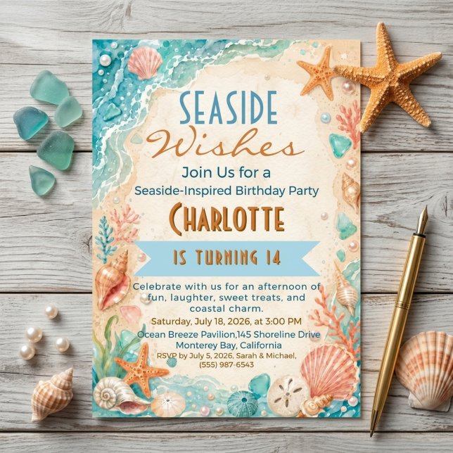 Seaside Wishes Coastal Beach 14th Birthday Invitation (Creator Uploaded)