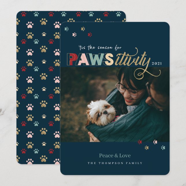 Season For Pawsitivity Navy Blue Pet Dog Photo Holiday Card (Front/Back)