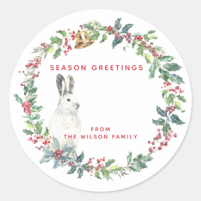 Season Greetings - Holly Wreath w. Hare Christmas  Classic Round Sticker (Front)