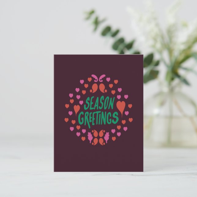 Season greetings in green handwriting with hearts postcard (Standing Front)