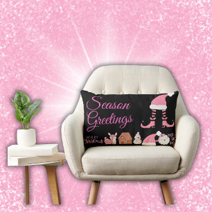 Season Greetings - Pink on Black   Lumbar Cushion