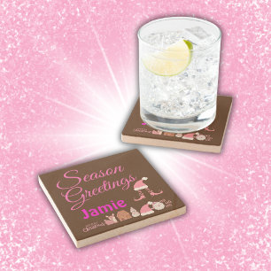 Season Greetings - Pink on Brown Name Monogram Stone Coaster