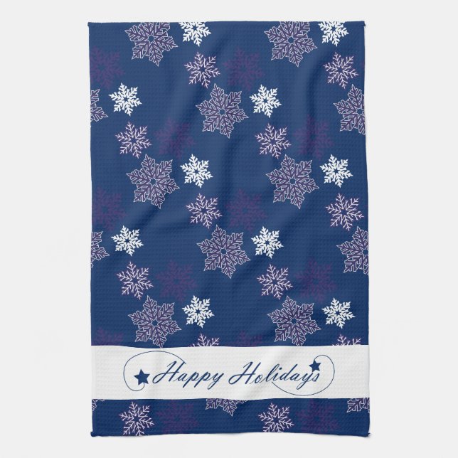 Season Greetings Snowflakes on Navy Blue Tea Towel (Vertical)