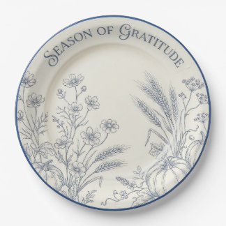 "Season of Gratitude" Blue Toile Pumpkin Plate