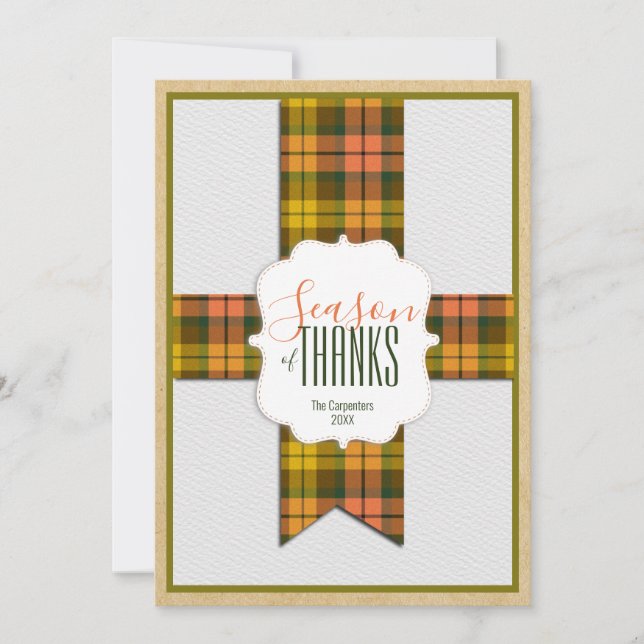 Season of Thanks Fall Tartan Ribbon Thanksgiving Card (Front)