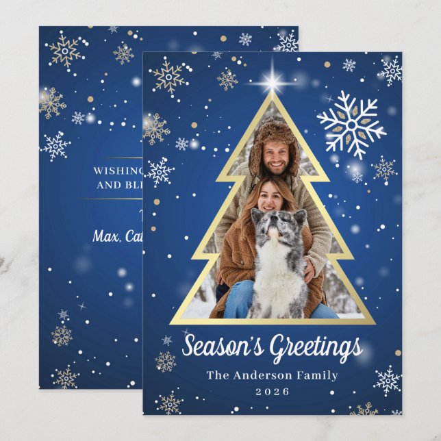 Season’s Greetings Blue Gold Christmas Tree Photo Holiday Card (Front/Back)