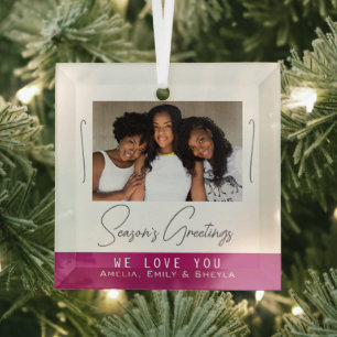 Season`s Greetings Minimalist Pink Photo Christmas Glass Tree Decoration