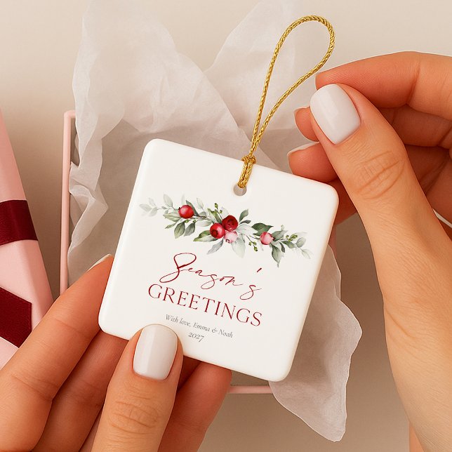 Season’s Greetings Watercolor Ceramic Ornament (Creator Uploaded)
