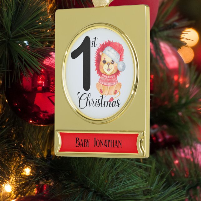 Seasonal Bear Baby Boy 1st Christmas Name Gold Plated Banner Ornament (Creator Uploaded)