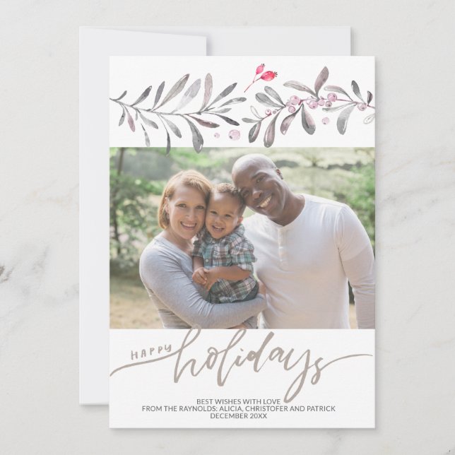 Seasonal Christmas Watercolor Mistletoe Photo Holiday Card (Front)
