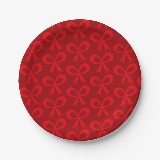 Seasonal Dark Red Bow Pattern Paper Plate (Front)