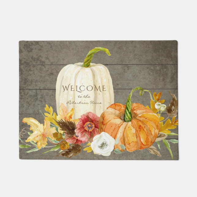 Seasonal Fall Harvest Welcome Sign Family Pumpkins Doormat (Front)