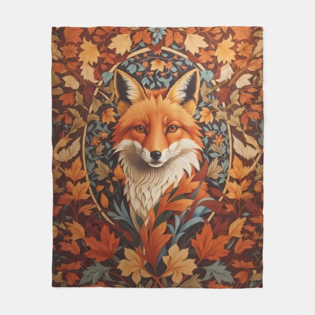 Seasonal Fall Leaves Red Fox Face Fleece Blanket (Front)