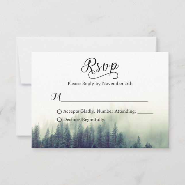 Seasonal Forest Pine Trees Elegant Wedding RSVP Card (Front)