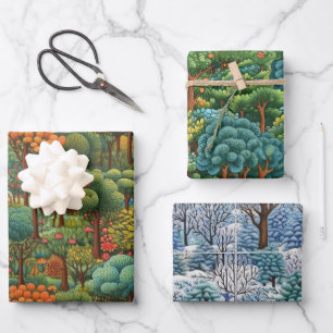Seasonal Forest Scenes: Winter, Summer & Autumn Wrapping Paper Sheet