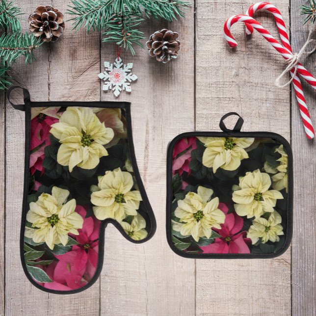 Seasonal Holiday Poinsettias Botanical Oven Mitt & Pot Holder Set (In Situ Holiday)