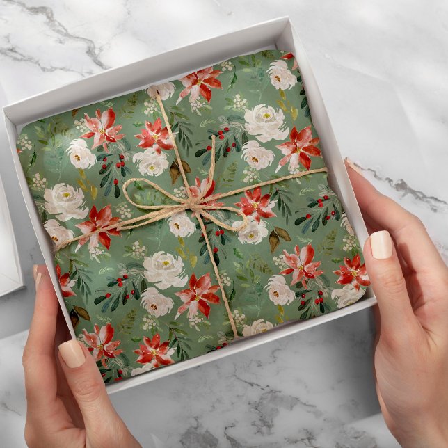 Seasonal holly berries poinsettia sage pattern tissue paper (Creator Uploaded)