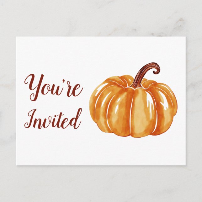 Seasonal Orange Watercolor You're Invited Pumpkin Postcard (Front)