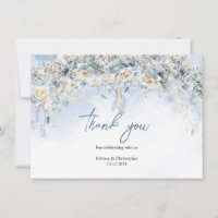 Seasonal powder blue flowers white roses greenery