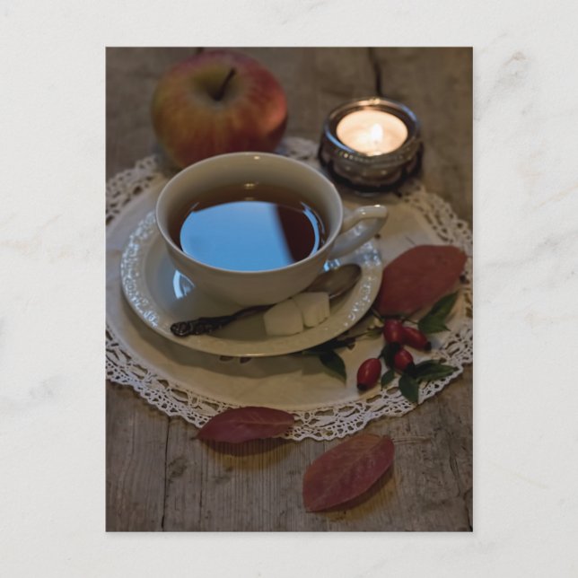 Seasonal rustic autmnal tea time leaves still life postcard (Front)