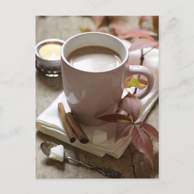 Seasonal rustic autumn cocoa & leaves still life postcard (Front)