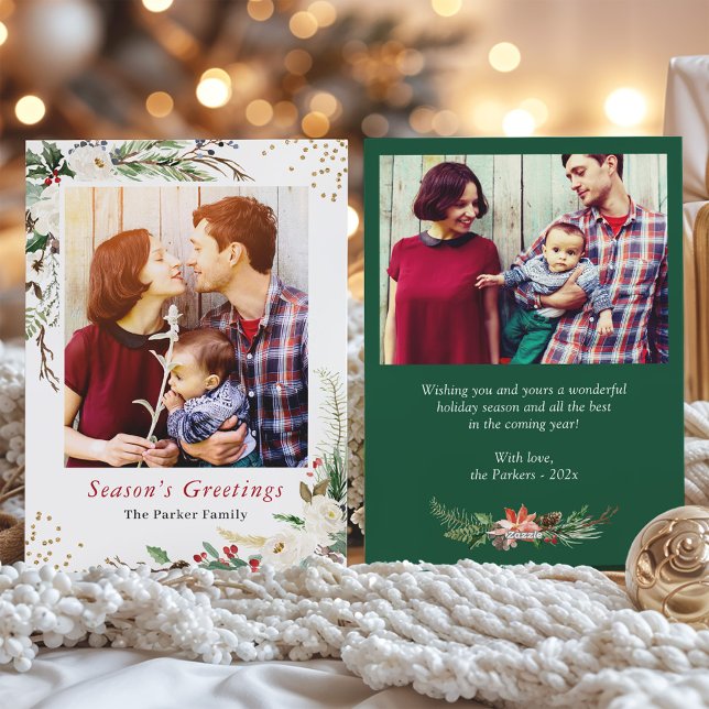 Seasonal Rustic Berries Floral Christmas 2 Photo Holiday Card (Creator Uploaded)