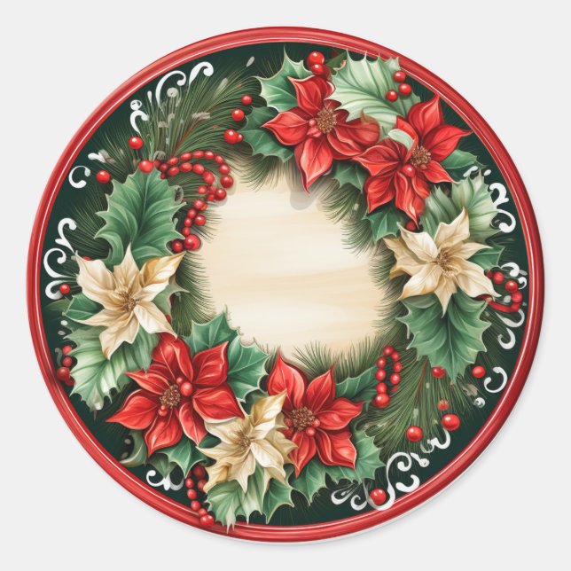 Seasonal Splendour Holly & Ivy Wreath Classic Round Sticker (Front)