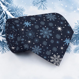 Seasonal Winter Snowflakes on Navy Necktie Tie