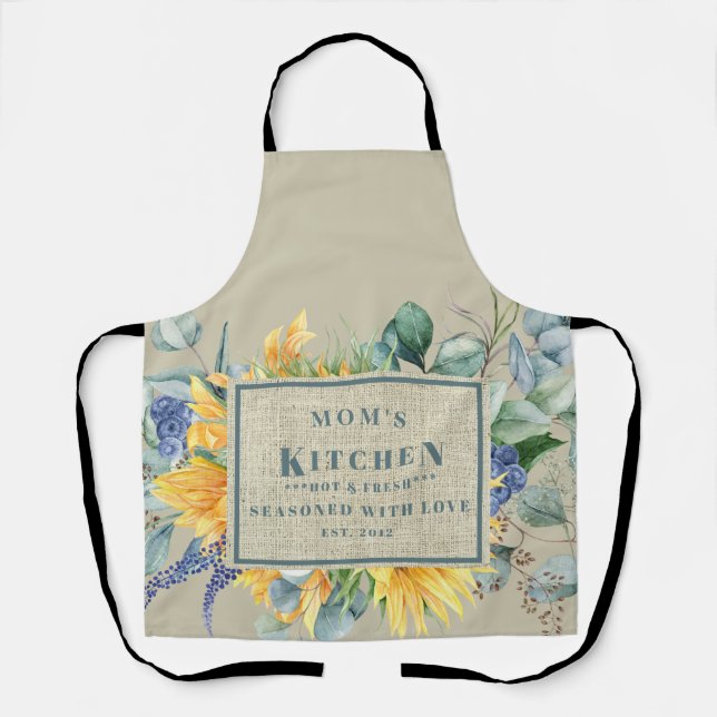 Seasoned with Love Mum's Kitchen Floral Tan Apron (Front)