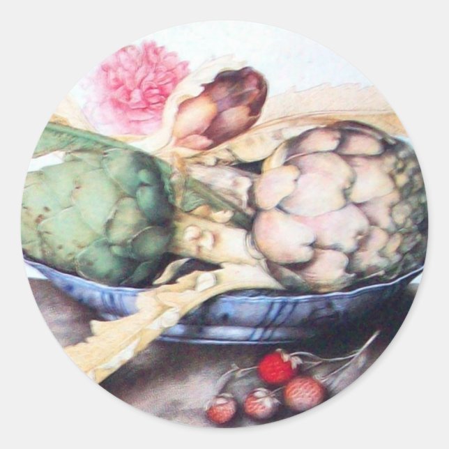 SEASON'S FRUITS 4- ARTICHOKES, ROSE & STRAWBERRIES CLASSIC ROUND STICKER (Front)