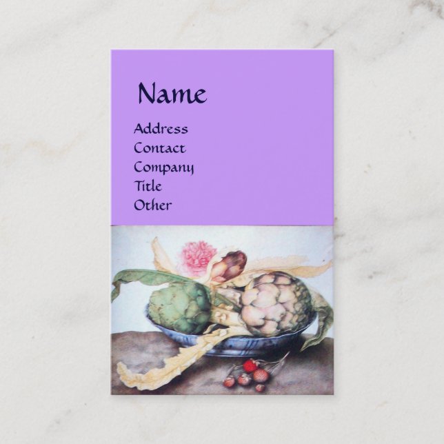 SEASON'S FRUITS,ARTICHOKES,ROSE,STRAWBERRIES Lilac Business Card (Front)