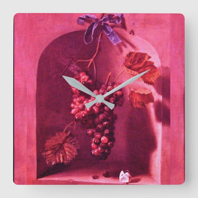 SEASON'S FRUITS HANGED GRAPES Antique Pink Rustic Square Wall Clock (Front)