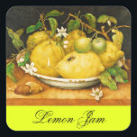 SEASON'S FRUITS LEMON JAM , PRESERVE ,CANNING JAR SQUARE STICKER<br><div class="desc">Green yellow lemons and white lemon flowers. A classical , fine  and elegant  still life collection  created with  digital elaboration of Renaissance miniatures from Florence.</div>