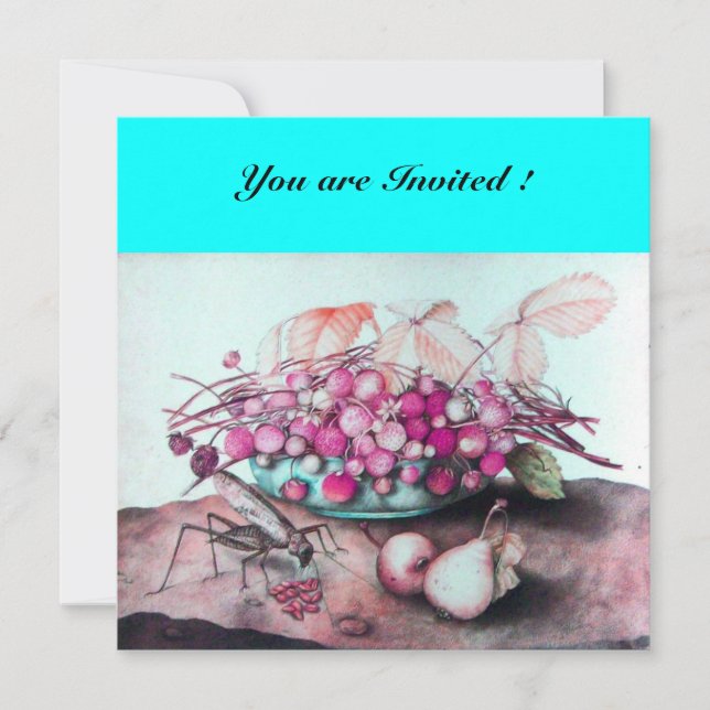 SEASON'S FRUITS / STRAWBERRIES AND PEARS Blue pink Invitation (Front)