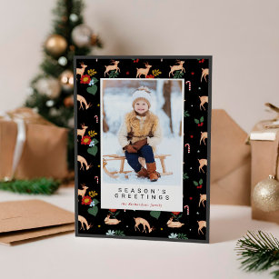 Season's Greeting Black Reindeer Floral Photo Holiday Card