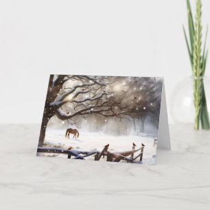 Seasons Greeting Country Horse in Snow Cardinals Holiday Card