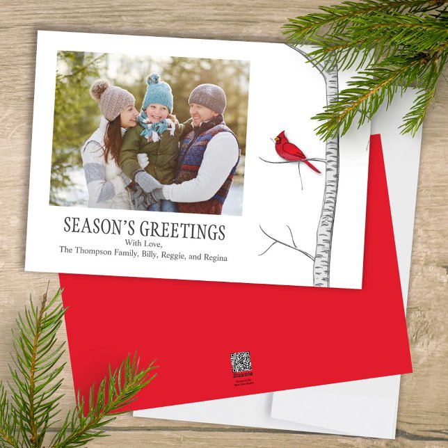 Season's Greeting Photo Red Cardinal Christmas Holiday Card (Simple winter botanical red cardinal photo card with a minimalist design.)