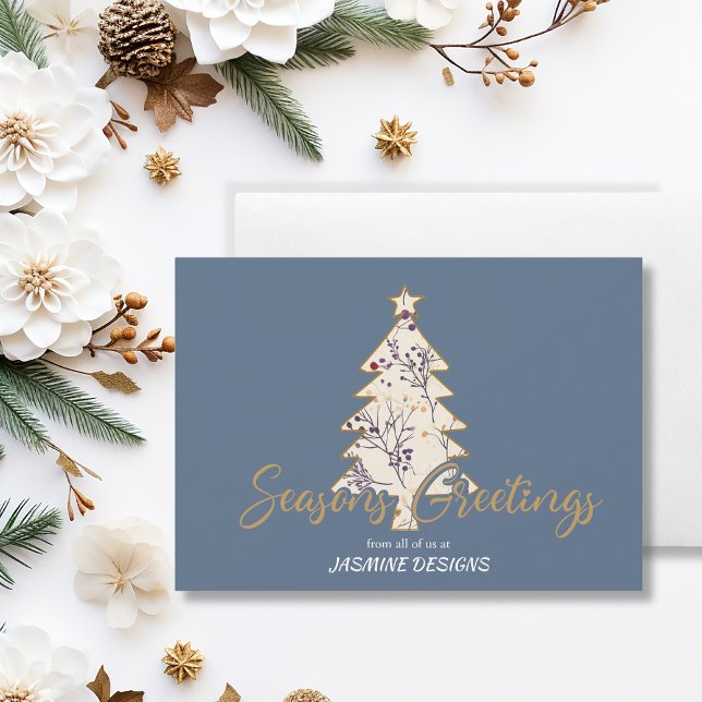 Seasons Greeting Pine Tree Blue Business Holiday Card (Creator Uploaded)