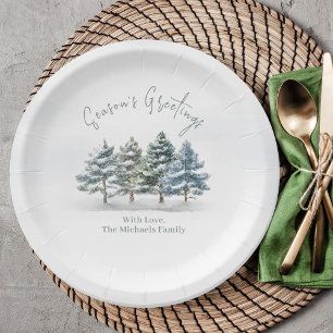 Season's Greeting Watercolor Christmas Trees Paper Plate
