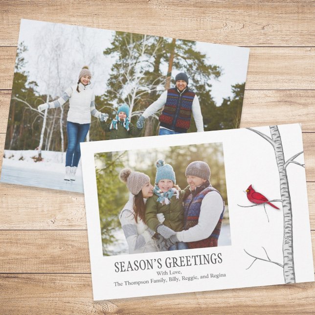 Season's Greeting Winter Red Cardinal Two Photo Holiday Card (Simple winter botanical red cardinal two photo card with a minimalist design.)
