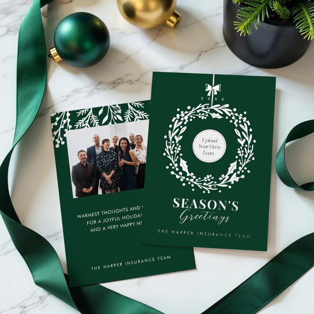  Season's Greeting Wreath Business Logo & Photo (Season's Greeting Wreath Business Logo & Photo Foil Holiday Card)