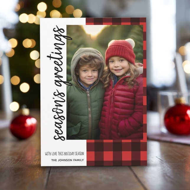 Season's Greetings 1 Photo Red Black Buffalo Plaid Holiday Card (1 Photo Christmas Card with red black buffalo plaid)