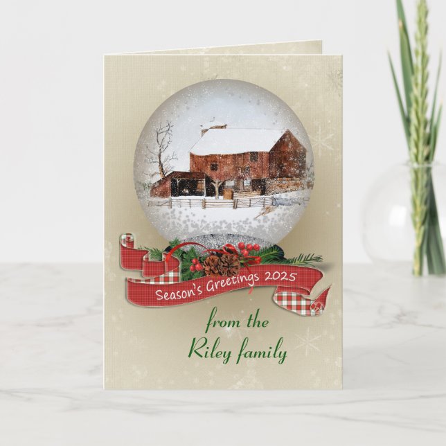 Season's Greetings 2025 Snow Globe With Barn  Holiday Card (Front)