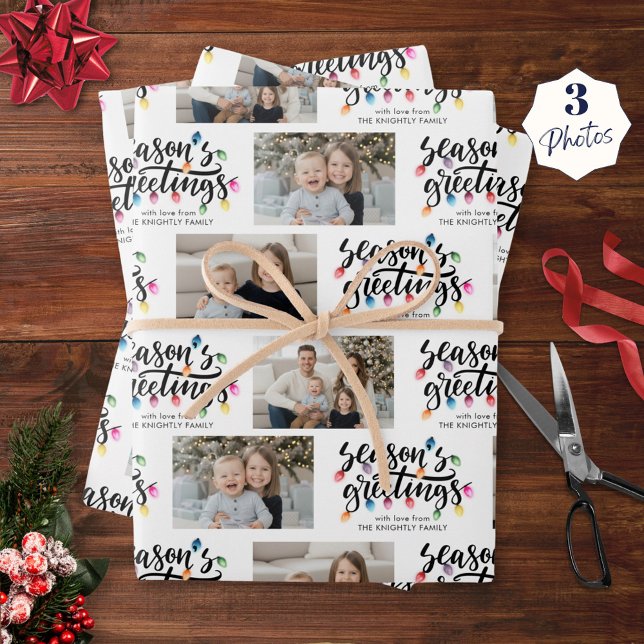 Seasons Greetings 3 Photos Christmas Lights Name Wrapping Paper Sheet (Creator Uploaded)