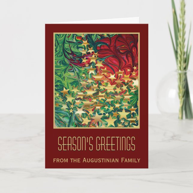 SEASON'S GREETINGS Abstract Red Green Gold Stars Holiday Card (Front)