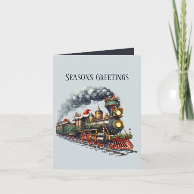 Seasons Greetings add message Christmas train Holiday Card (Front)