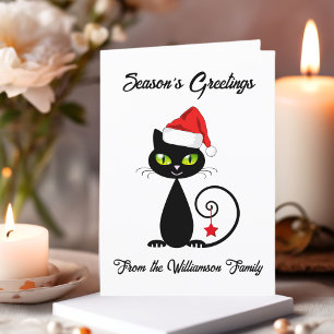 Seasons Greetings Black Santa Claus Christmas Cat Holiday Card