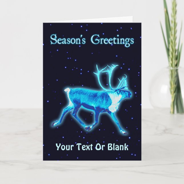 Season's Greetings - Blue Caribou (Reindeer) Holiday Card (Front)
